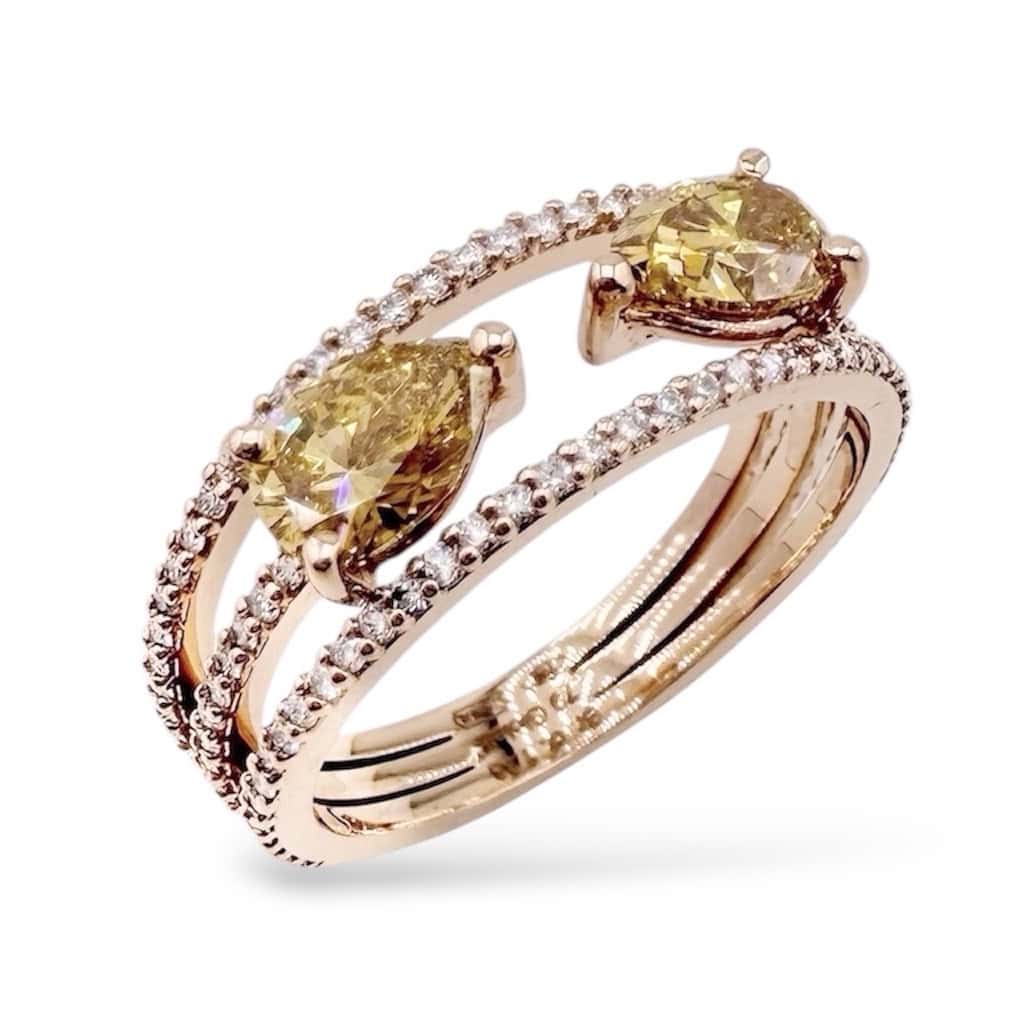 Anello sgriffato con due goccie in oro rosa 18kt e diamanti